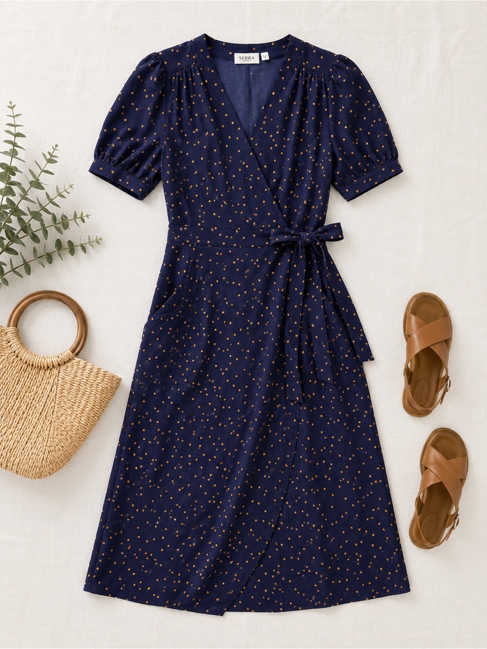 NWT Rihoas Navy Polka Dot Wrap Midi Dress | Puff Sleeve Tie Waist